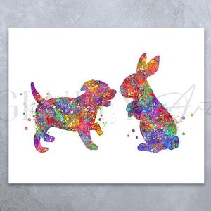 Kaninchen und Welpe Paar Aquarell Kunst - Jahrestag Geschenkideen - Hochzeitsgeschenkideen - Housewarming Geschenkideen - Hündchen Häschen Paar Poster