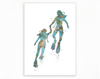 Female Scuba Divers Watercolor Art Print: Underwater Sport Poster