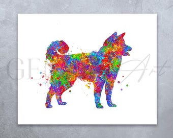 Impression d'art aquarelle chien Akita : Portrait coloré d'Akita