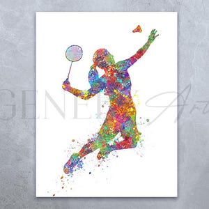 Stampa artistica ad acquerello di badminton - Poster sportivo di badminton femminile - Stampe di giocatori di badminton - Poster di giocatori di badminton Poster sportivo di badminton