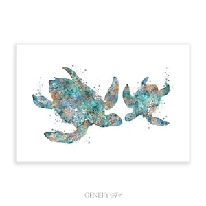 Sea Turtle Mother and Baby Watercolour Art Print - Sea Turtle Poster - Sea Turtle Prints - Sea Turtle Portrait  - Sea Animal Prints
