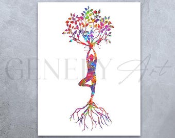 Yoga Tree Pose Watercolor Art Print: Wellness Wall Decor