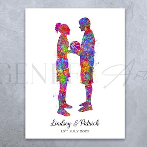 Personalisierter Basketball Paar Aquarell Druck - Basketball Poster - Hochzeitsgeschenk - Valentinstag Geschenk - Basketball Wand Dekor - Sport Geschenk