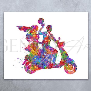 Aquarelprint bruid en bruidegom op scooter - trouwafdrukken - cadeau voor scooterrijder - huwelijkscadeau-ideeën - jubileumcadeau