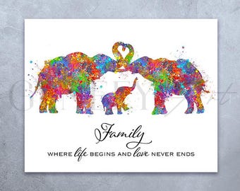 Elephant Family Watercolor Art Print: Inspirational Quote