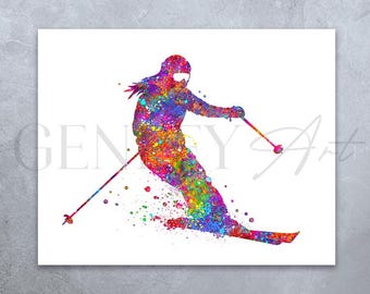 Skifahrerin Aquarell Kunstdruck - Winter Sport Wanddeko