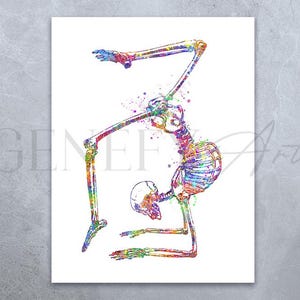 Op de afbeelding: Een kleurrijke aquarel illustratie van een menselijk skelet in een yogapose. Het skelet bevindt zich in een vooroverbuiging met het hoofd en de romp naar voren gebogen en de benen recht naar achteren. Het skelet is geschilderd in verschillende kleuren, waaronder rood, oranje, geel, groen, blauw en paars.