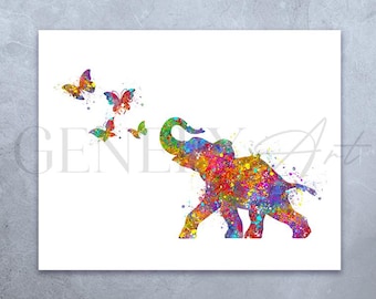 Baby Elephant Watercolor Print: Colorful Butterflies, Nursery Wall Art