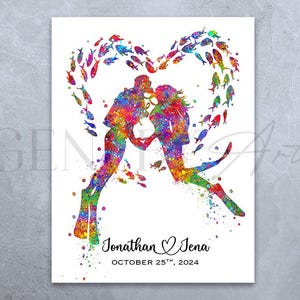 Personalisiertes Scuba Diving Paar Aquarell Print - Scuba Diving Poster - Hochzeitsgeschenk - Valentinstagsgeschenk - Scuba Wanddekor