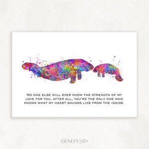 Mother Manatee and Baby Manatee Watercolour Print - Family Quote Watercolor Art - Nursery Wall Art - Nursery Decor - Sea Animals