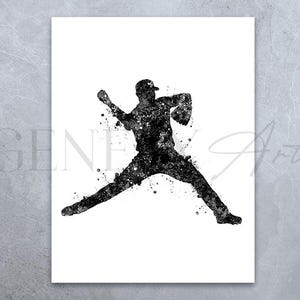 Baseball Black and White Watercolour Art Print - Baseball Sport Poster - Baseball Player Prints - Baseball Player Poster