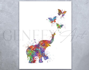 Baby Elephant and Butterflies Watercolour Art Print - Baby Elephant Watercolour Print  - Nursery Decor - Nursery Wall Art