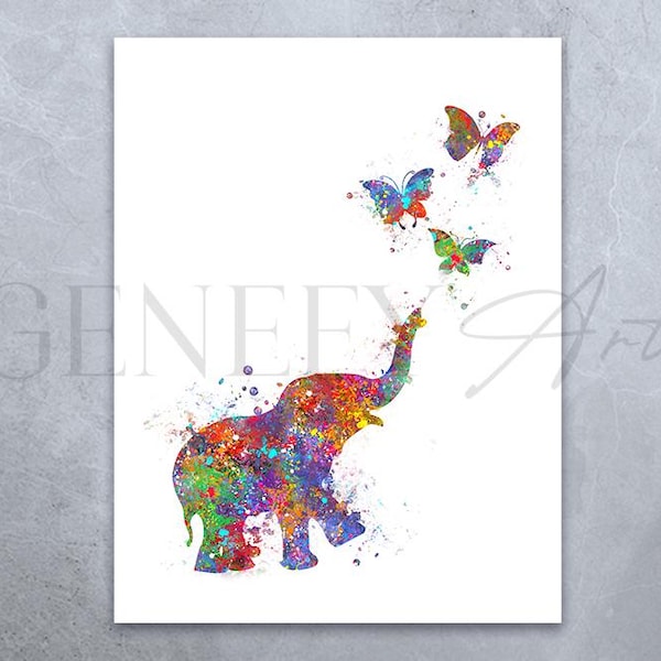 Baby Elefant Aquarell Druck: Schmetterlinge Kinderzimmer Wandkunst