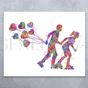 Arte de acuarela de una pareja patinando - Ideas de regalos para patinadores - Póster de patinadores - Obras de arte de patinadores - Regalo de San Valentín