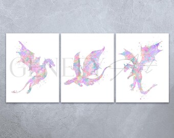Pastel Dragon Watercolor Print Set: Fantasy Wall Art