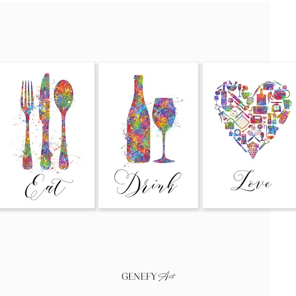 Kitchen Dining Watercolor Print - Set of 3 Kitchen Prints - Food and Drink Prints - Dining Room Print - Kitchen Wall Art - Housewarming Gift