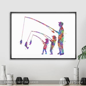Father and Daughters Fishing Watercolour Art Print Fishing Art Print Fishing Poster Father and Daughter Poster Gift for Fisherman image 2