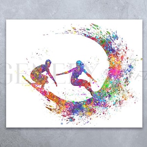 Surfer Paar Aquarell Kunst Druck - Surfer Poster - Surfen Aquarell Druck - Wassersport Druck - Wassersport Poster - Hochzeitsgeschenk