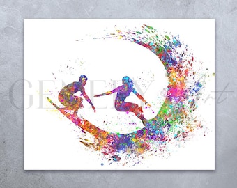 Impresión artística en acuarela de una pareja de surfistas: Póster de deportes acuáticos