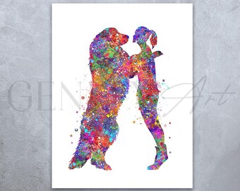 Impresión artística en acuarela de un perro de los Pirineos: Retrato de una niña y un perro