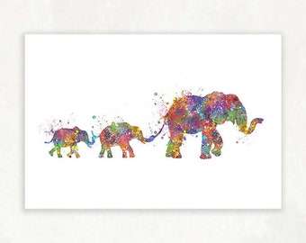 Elephant Family of 3 Watercolour Art Print - Elephant Family Herd Portrait - Family Prints - Home Wall Art - Home Wall Decor