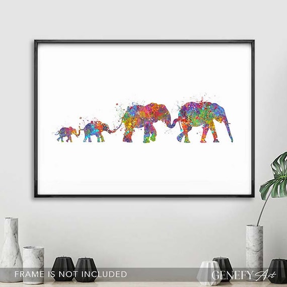 象の家族の水彩画アートプリント：カラフルな家族の肖像画 - Etsy 日本