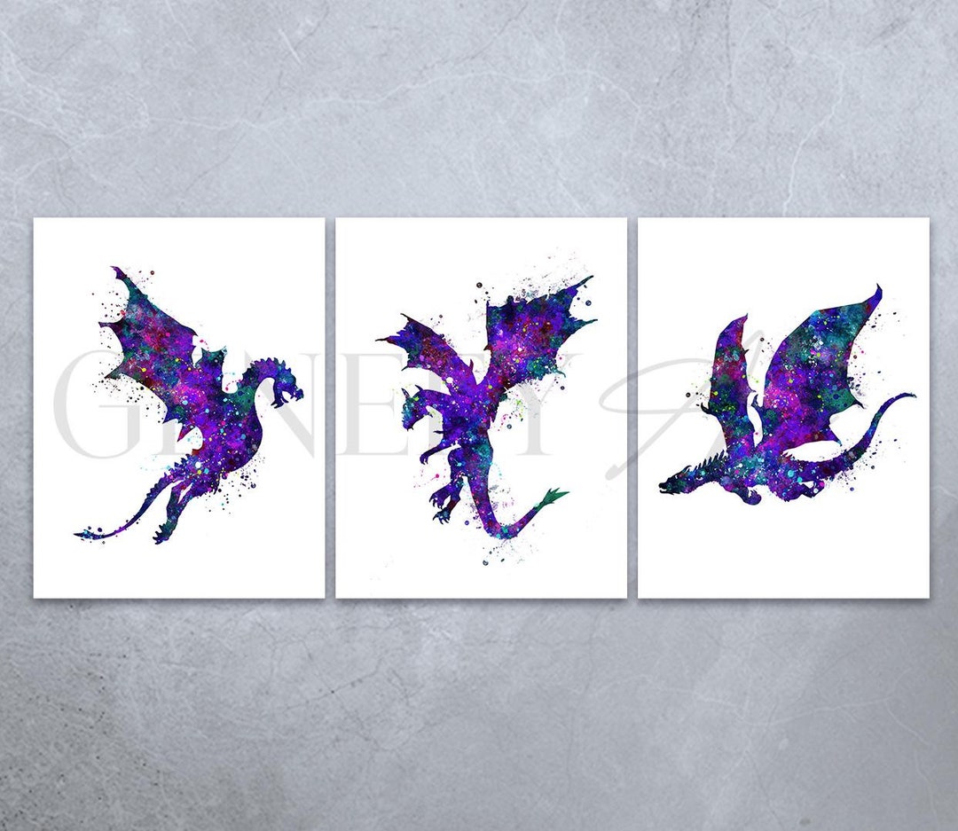 Purple Dragon Watercolor Art Print Set: Fantasy Nursery Decor - Etsy