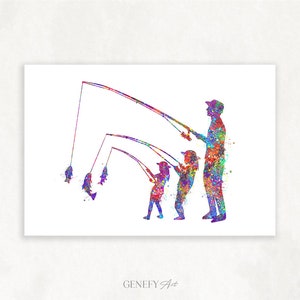 Father and Daughters Fishing Watercolour Art Print Fishing Art Print Fishing Poster Father and Daughter Poster Gift for Fisherman image 1
