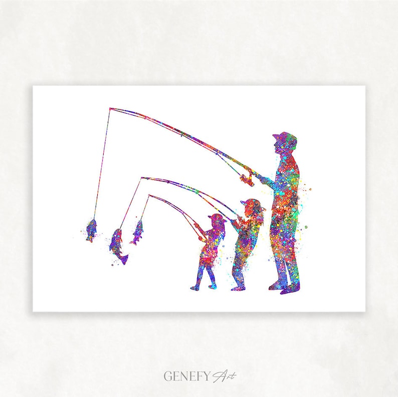 Father and Daughters Fishing Watercolour Art Print Fishing Art Print Fishing Poster Father and Daughter Poster Gift for Fisherman image 1