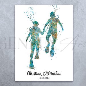 Personalisiertes Taucherpaar Aquarell Druck - Taucher Paar Poster - Hochzeitsgeschenk - Valentinstag Geschenk - Taucher Wand Deco