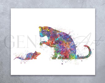 Impresión de acuarela de gato y ratón: retrato colorido de animales