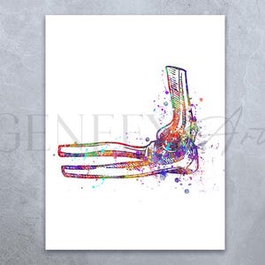 May include: A colorful watercolor illustration of a human elbow joint. The bones are depicted in detail, with a splash of color around the joint.