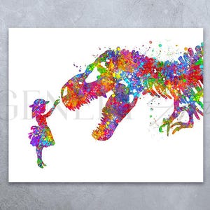 Impresión de acuarela de niña y T-Rex - Impresiones de niña y dinosaurio - Arte de pared para guardería - Póster de dinosaurio - Decoración de pared para guardería -