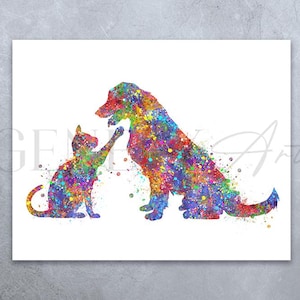Cat and Dog Watercolor Print - Cat and Dog Poster - Cat and Dog Print - Cat and Dog Portrait - Friendship Prints - Friendship Poster