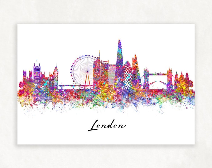 London Skyline Watercolour Print - London Cityscape Print - London Skyline Poster - London Skyline Wall Decor - Housewarming Gift