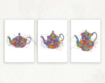 Teapot Watercolor Art Print Set: Colorful Kitchen Wall Decor