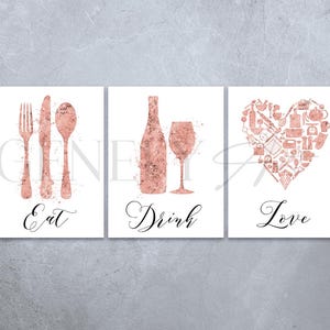 Kitchen Dining Watercolor Print - Pink Kitchen Prints - Set of 3 Kitchen Prints - Food & Drink Prints - Dining Room Print - Kitchen Wall Art