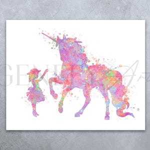 Impresión de acuarela pastel de niña y unicornio - Impresiones de niña y unicornio - Arte de pared para guardería - Póster de unicornio - Decoración de pared para guardería