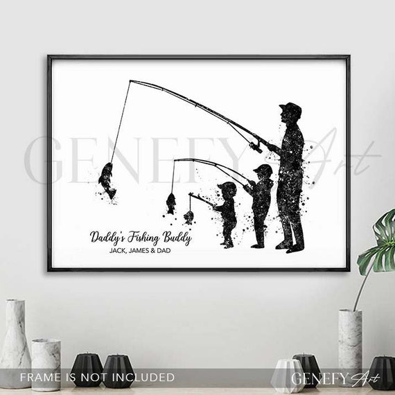 Personalised Father and Sons Fishing Watercolour Art Print Fishing