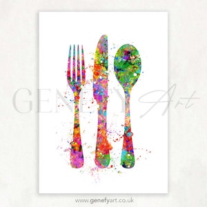 Cutlery Fork Knife Spoon Watercolour Print  - Cutlery Prints - Kitchen Prints - Dining Room Prints - Kitchen Decor - Housewarming Gift