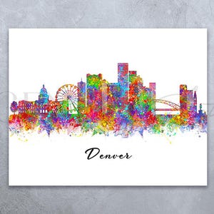 Impressão de aquarela de Denver Skyline - Impressão de paisagem urbana de Denver - Impressão de Denver Skyline - Decoração de parede de Denver Skyline - Presente de inauguração de casa