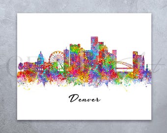 Denver Skyline Watercolor Art Print: Colorful Cityscape Wall Decor