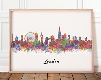 London Skyline Watercolour Print - London Cityscape Print - London Skyline Poster - London Skyline Wall Decor - Housewarming Gift