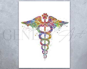 Veterinary Caduceus Watercolor Art Print: Gift for Vet