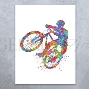 Aquarel kunstafdruk mountainbiken: kleurrijke fietsposter