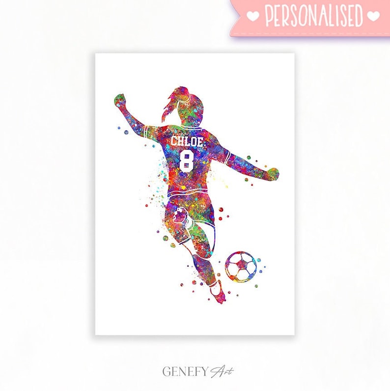 Personalised Female Soccer Player Watercolour Art Print Soccer Player Poster Soccer Print Sports Room Decor Soccer Art Decor image 1