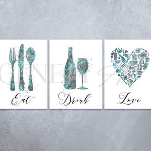 Keuken eetkamer aquarel print - set van 3 teal keuken prints - eten drinken print - eetkamer print - keuken muur kunst - housewarming cadeau