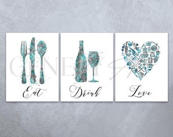 Kitchen Dining Watercolor Print - Set of 3 Teal Kitchen Prints - Food Drink Print - Dining Room Print - Kitchen Wall Art - Housewarming Gift