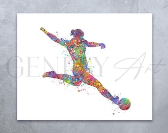 Impresión artística de una jugadora de fútbol en acuarela: decoración de pared de fútbol