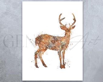 鹿のシルエット画 - オリジナルの水彩画「森の偉大な王子」、雄